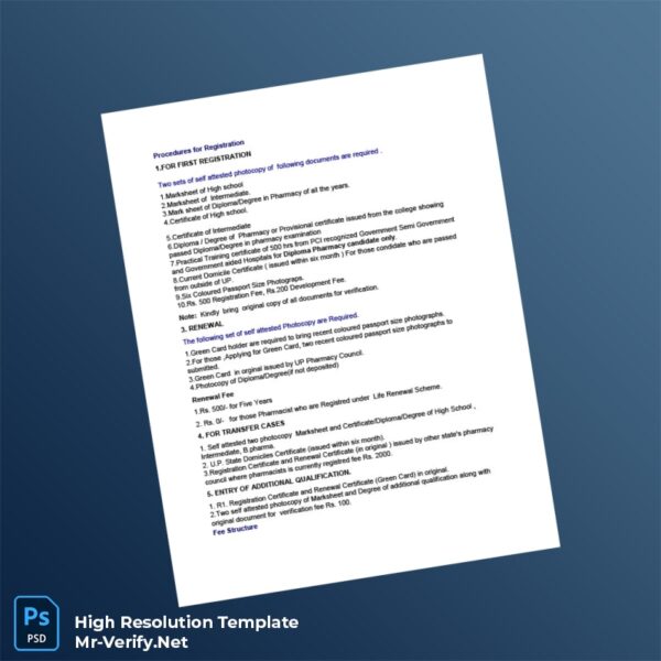 Editable India Pharmacy Registration Certificate Word and Pdf Template 2 page