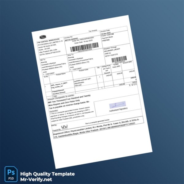 India Physicswallah Limited Invoice Template in Word and PDF formats