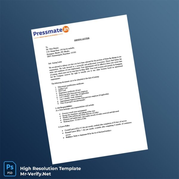 Editable India Pressmate Dotin Care Pvt Ltd Joining Letter Word and Pdf Template 4 page
