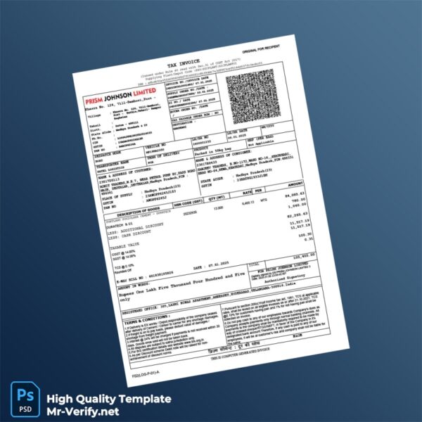 India Prism Johnson Limited Tax Invoice Template in Word and PDF formats 3 page India Prism Johnson Limited Tax Invoice Template in Word and PDF formats 3 page