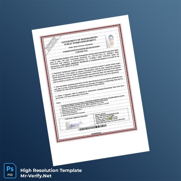 Editable India Public Works Department Unemployed Engineer Registration Certificate Word and Pdf Template Editable India Public Works Department Unemployed Engineer Registration Certificate Word and Pdf Template