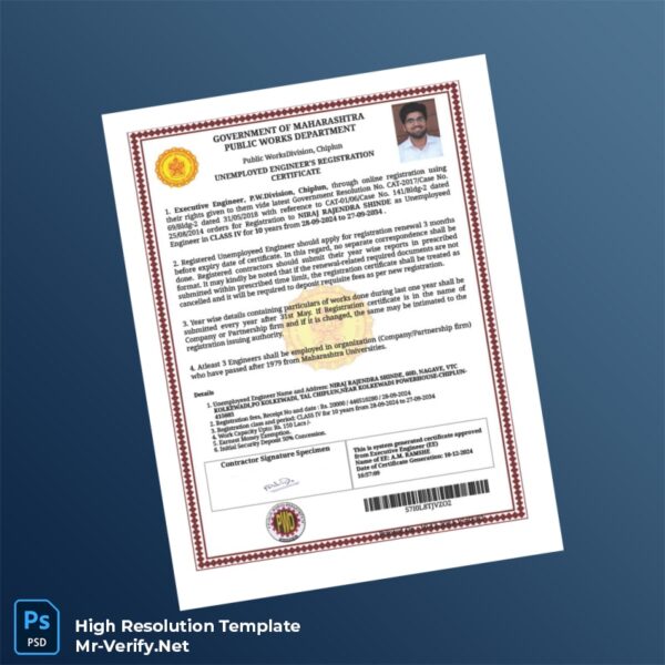 Editable India Public Works Department Unemployed Engineer s Registration Certificate Word and Pdf Template