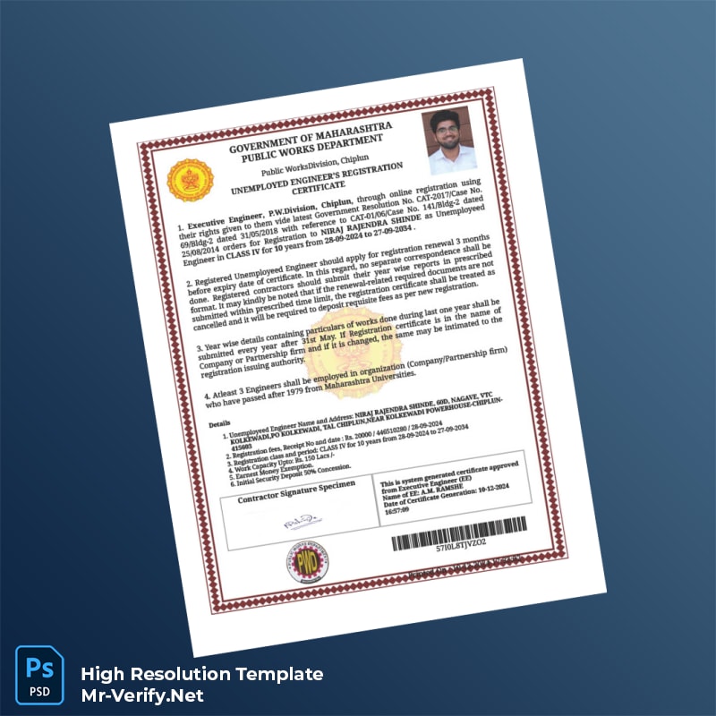 Editable India Public Works Department Unemployed Engineer s Registration Certificate Word and Pdf Template Editable India Public Works Department Unemployed Engineer s Registration Certificate Word and Pdf Template