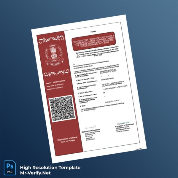 Editable India Punjab Shops and Commercial Establishments Registration Certificate Word and Pdf Template 3 page Editable India Punjab Shops and Commercial Establishments Registration Certificate Word and Pdf Template 3 page