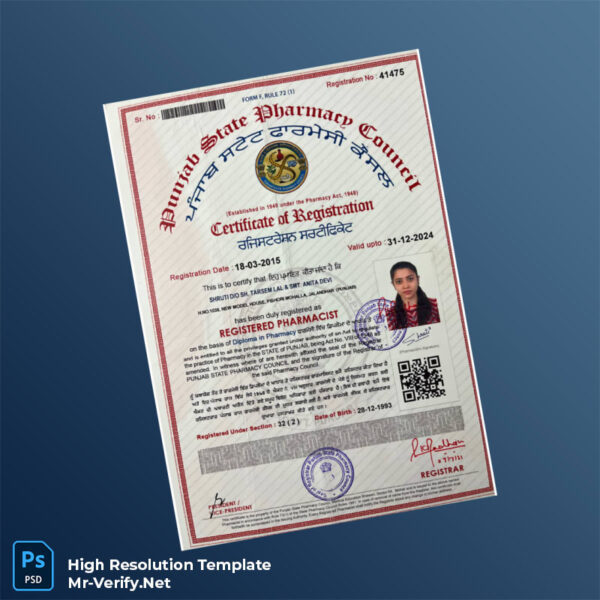 India Punjab State Pharmacy Council Registration Certificate Word and Pdf Template
