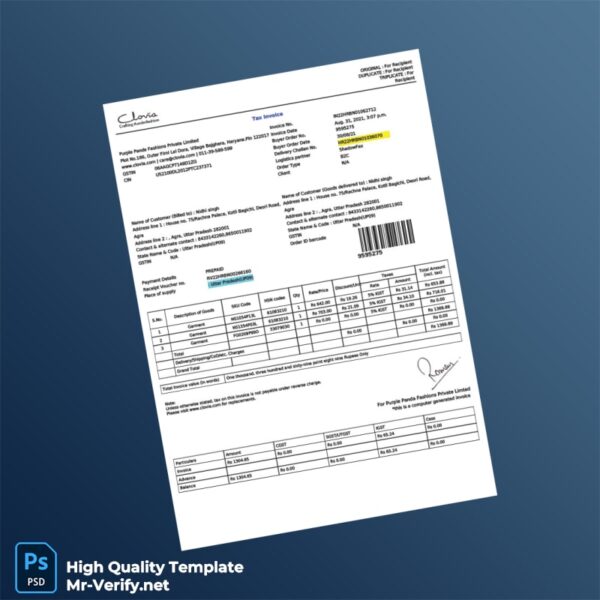 India Purple Panda Fashions Private Limited Invoice Template in Word and PDF formats