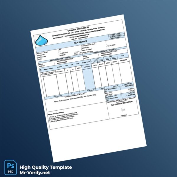 India Quality Irrigation Tax Invoice Template in Word and PDF formats India Quality Irrigation Tax Invoice Template in Word and PDF formats