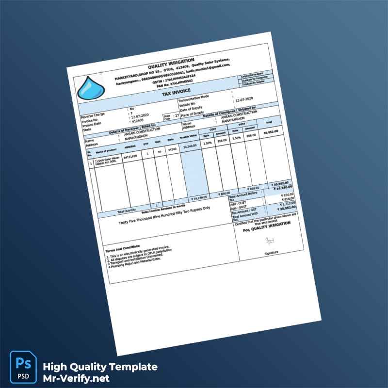India Quality Irrigation Tax Invoice Template in Word and PDF formats India Quality Irrigation Tax Invoice Template in Word and PDF formats