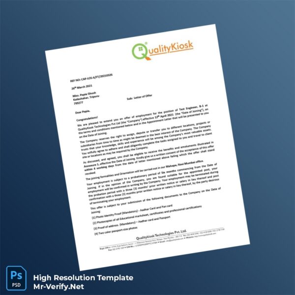 Editable India QualityKiosk Technologies Pvt Ltd Employment Verification Letter Word and Pdf Template 3 page Editable India QualityKiosk Technologies Pvt Ltd Employment Verification Letter Word and Pdf Template 3 page