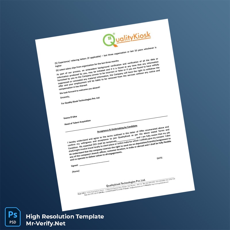 Editable India QualityKiosk Technologies Pvt Ltd Employment Verification Letter Word and Pdf Template 3 page Editable India QualityKiosk Technologies Pvt Ltd Employment Verification Letter Word and Pdf Template 3 page