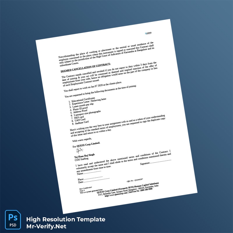 Editable India Quess Corp Employment Verification Letter Word and Pdf Template 8 page Editable India Quess Corp Employment Verification Letter Word and Pdf Template 8 page