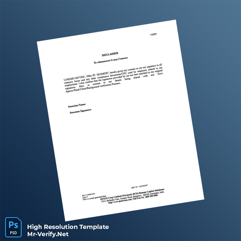 Editable India Quess Corp Employment Verification Letter Word and Pdf Template 8 page Editable India Quess Corp Employment Verification Letter Word and Pdf Template 8 page