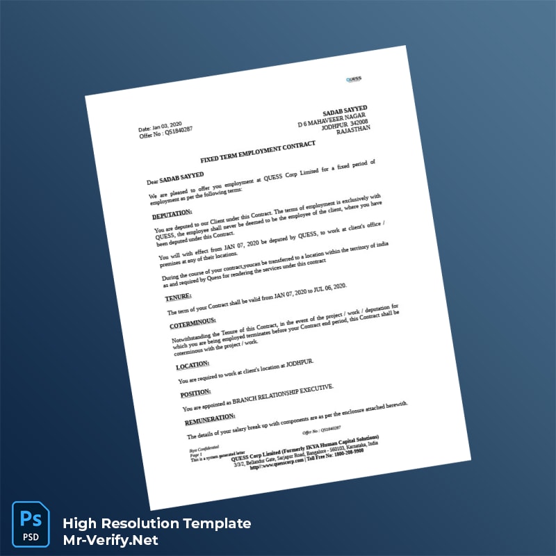 Editable India Quess Corp Employment Verification Letter Word and Pdf Template 8 page Editable India Quess Corp Employment Verification Letter Word and Pdf Template 8 page