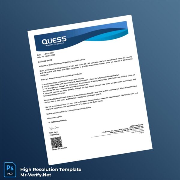 Editable India Quess Corporation Employment Verification Letter Word and Pdf Template 6 page