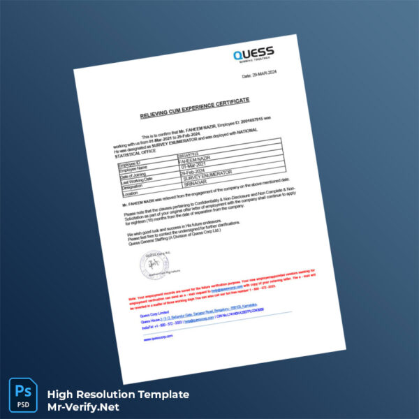 Editable India Quess General Staffing Employment Certificate Word and Pdf Template Editable India Quess General Staffing Employment Certificate Word and Pdf Template