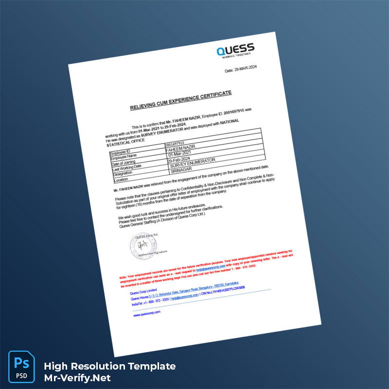 Editable India Quess General Staffing Employment Certificate Word and Pdf Template Editable India Quess General Staffing Employment Certificate Word and Pdf Template