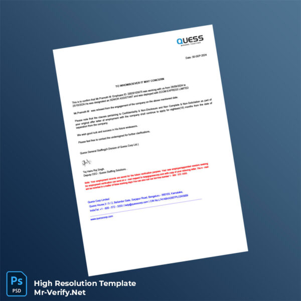 Editable India Quess General Staffing Employment Verification Letter Word and Pdf Template Editable India Quess General Staffing Employment Verification Letter Word and Pdf Template