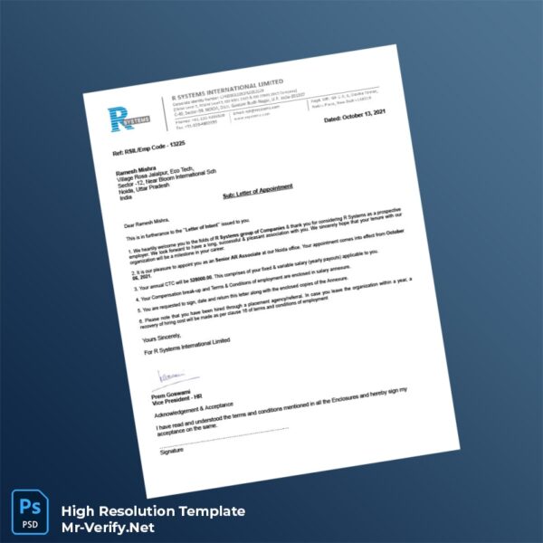 Editable India R Systems International Limited Appointment Letter Word and Pdf Template 5 page