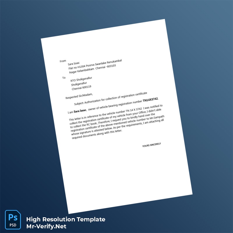 Editable India RTO Authorization Letter Word and Pdf Template Editable India RTO Authorization Letter Word and Pdf Template