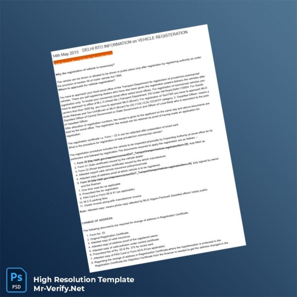 India RTO Vehicle Registration Information Document Word and Pdf Template 8 page