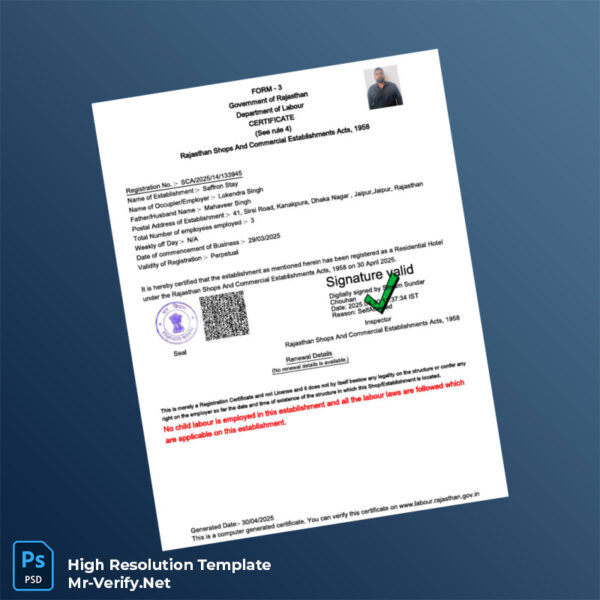 Editable India Rajasthan Shops and Commercial Establishments Act Registration Certificate Word and Pdf Template Editable India Rajasthan Shops and Commercial Establishments Act Registration Certificate Word and Pdf Template