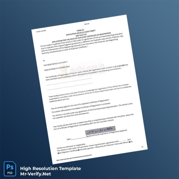 Editable India Rajpur Road Motor Vehicle Registration Certificate Word and Pdf Template 3 page