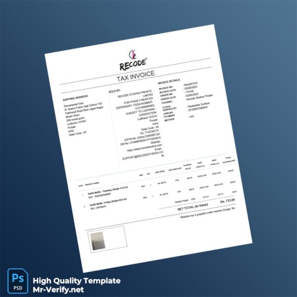 India Recode Studios Private Limited Tax Invoice Template in Word and PDF formats 2 page