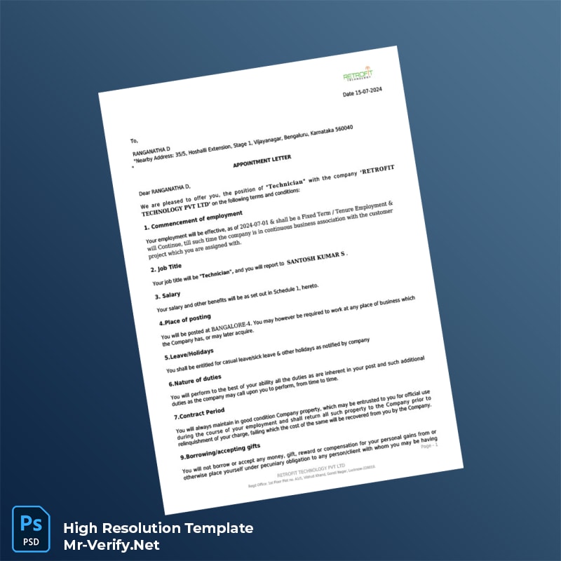 Editable India Recruity Technology Pvt Ltd Appointment Letter Word and Pdf Template 4 page Editable India Recruity Technology Pvt Ltd Appointment Letter Word and Pdf Template 4 page