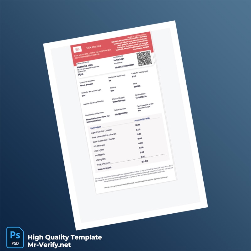 India Redbus India Private Limited Tax Invoice Template in Word and PDF formats India Redbus India Private Limited Tax Invoice Template in Word and PDF formats