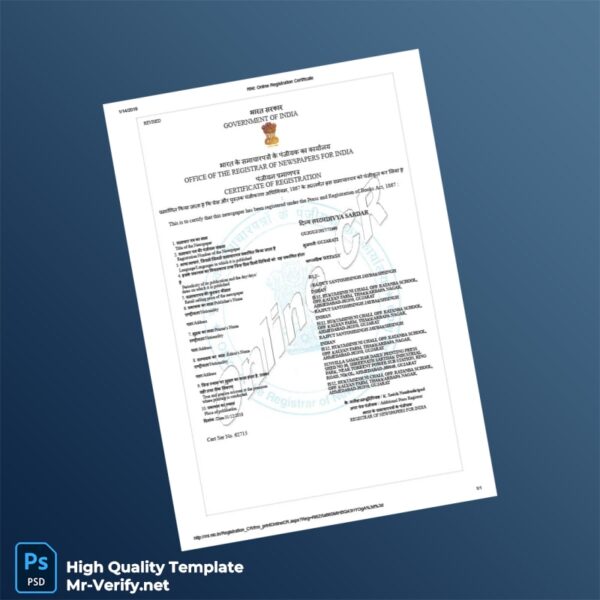 India Registrar of Newspapers for India Online Registration Certificate Template in Word and PDF formats India Registrar of Newspapers for India Online Registration Certificate Template in Word and PDF formats