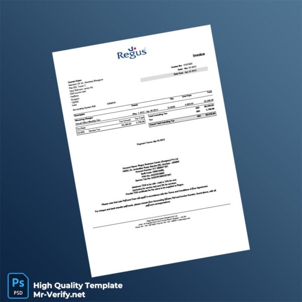 India Regus Business Centre Gurgaon Pvt Ltd Invoice Template in Word and PDF formats