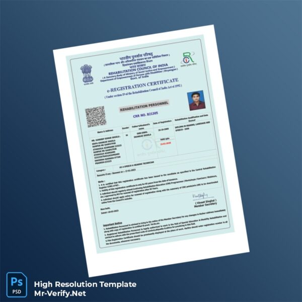 Editable India Rehabilitation Council e-Registration Certificate Word and Pdf Template Editable India Rehabilitation Council e-Registration Certificate Word and Pdf Template