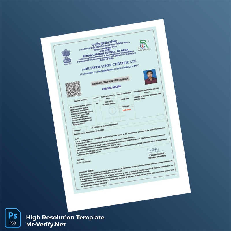 Editable India Rehabilitation Council e-Registration Certificate Word and Pdf Template Editable India Rehabilitation Council e-Registration Certificate Word and Pdf Template