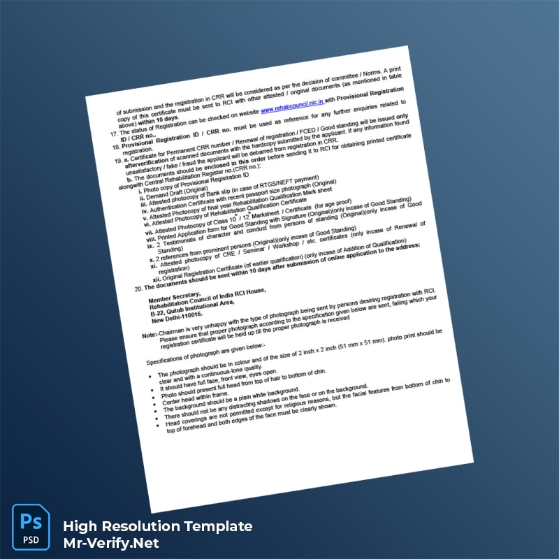 Editable India Rehabilitation Council of India Registration Certificate Word and Pdf Template 3 page Editable India Rehabilitation Council of India Registration Certificate Word and Pdf Template 3 page