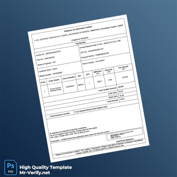India Reliance Jio Infocomm Tax Invoice Template in Word and PDF formats India Reliance Jio Infocomm Tax Invoice Template in Word and PDF formats