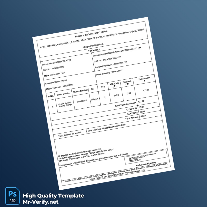 India Reliance Jio Infocomm Tax Invoice Template in Word and PDF formats India Reliance Jio Infocomm Tax Invoice Template in Word and PDF formats