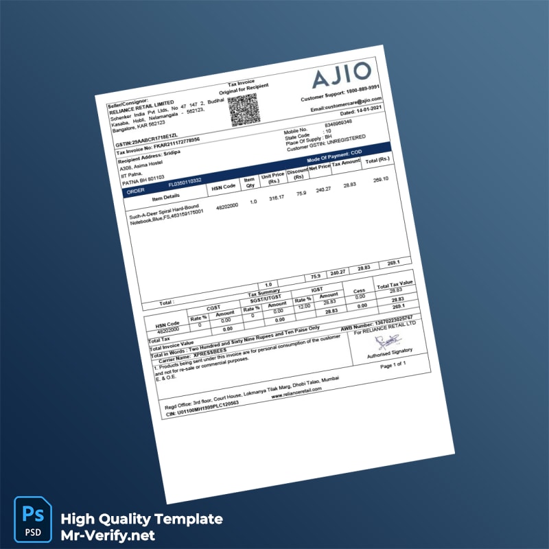 India Reliance Retail Invoice Template in Word and PDF formats India Reliance Retail Invoice Template in Word and PDF formats