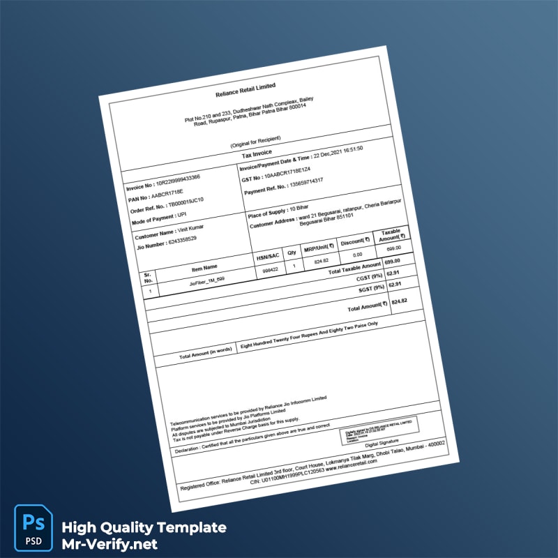 India Reliance Retail Limited Invoice Template in Word and PDF formats 2 page India Reliance Retail Limited Invoice Template in Word and PDF formats 2 page