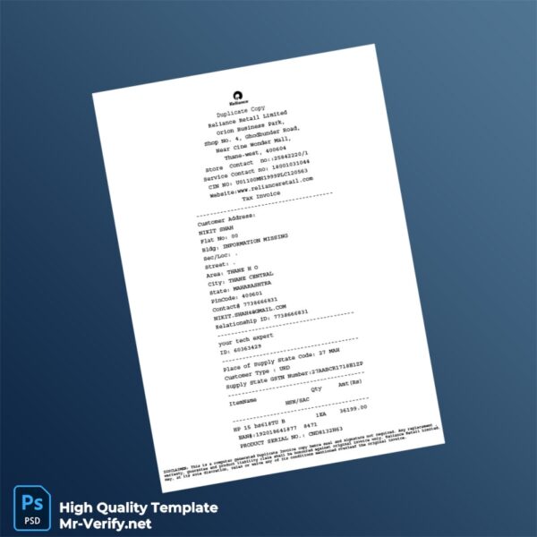 India Reliance Retail Limited Tax Invoice Template in Word and PDF formats 3 page India Reliance Retail Limited Tax Invoice Template in Word and PDF formats 3 page