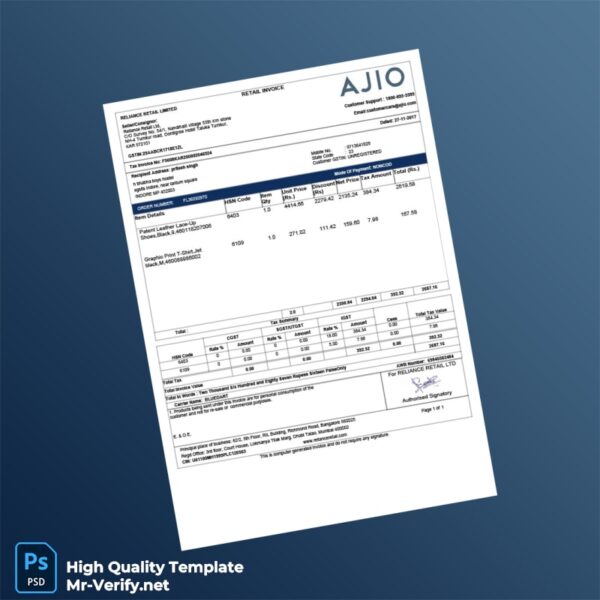 India Reliance Retail Ltd Invoice Template in Word and PDF formats