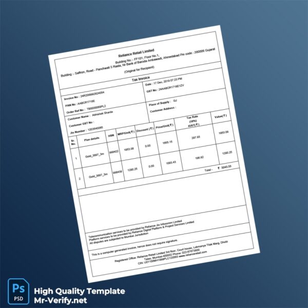 India Reliance Retail Tax Invoice Template in Word and PDF formats 2 page India Reliance Retail Tax Invoice Template in Word and PDF formats 2 page