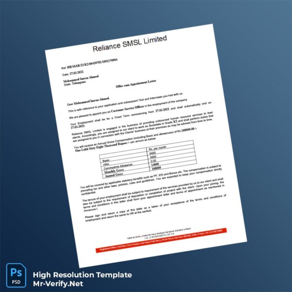 Editable India Reliance SMSL Limited Employment Verification Letter Word and Pdf Template 6 page Editable India Reliance SMSL Limited Employment Verification Letter Word and Pdf Template 6 page