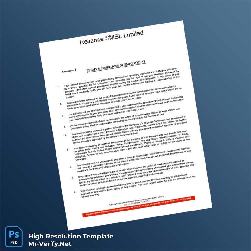 Editable India Reliance SMSL Limited Employment Verification Letter Word and Pdf Template 6 page Editable India Reliance SMSL Limited Employment Verification Letter Word and Pdf Template 6 page