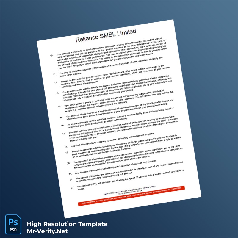 Editable India Reliance SMSL Limited Employment Verification Letter Word and Pdf Template 6 page Editable India Reliance SMSL Limited Employment Verification Letter Word and Pdf Template 6 page