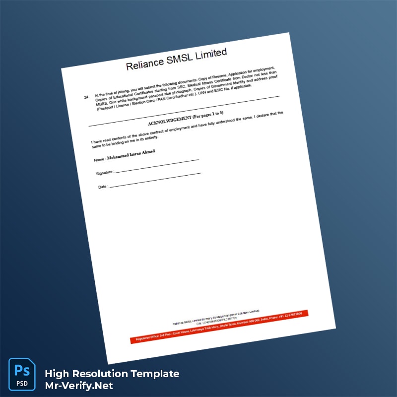 Editable India Reliance SMSL Limited Employment Verification Letter Word and Pdf Template 6 page Editable India Reliance SMSL Limited Employment Verification Letter Word and Pdf Template 6 page