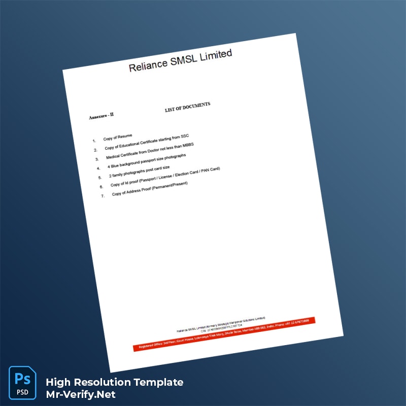 Editable India Reliance SMSL Limited Employment Verification Letter Word and Pdf Template 6 page Editable India Reliance SMSL Limited Employment Verification Letter Word and Pdf Template 6 page