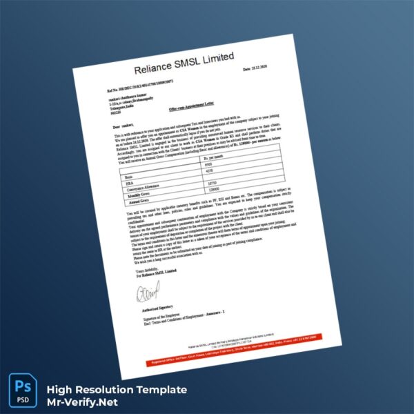 Editable India Reliance SMSL Limited Offer Letter Word and Pdf Template 5 page Editable India Reliance SMSL Limited Offer Letter Word and Pdf Template 5 page
