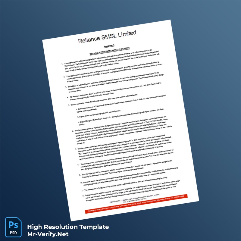 Editable India Reliance SMSL Limited Offer Letter Word and Pdf Template 5 page Editable India Reliance SMSL Limited Offer Letter Word and Pdf Template 5 page