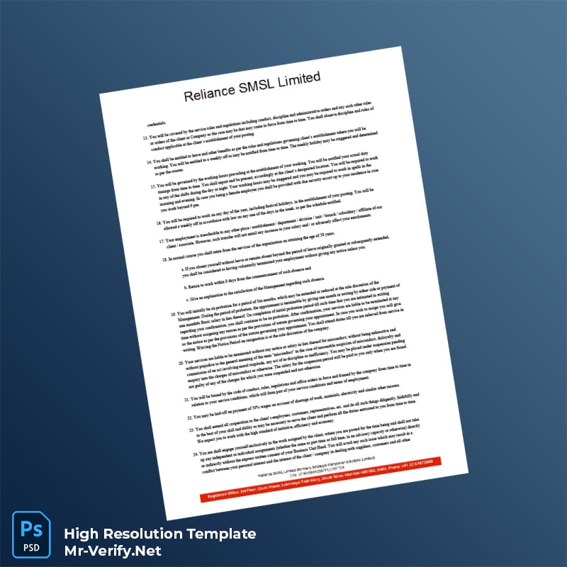 Editable India Reliance SMSL Limited Offer Letter Word and Pdf Template 5 page Editable India Reliance SMSL Limited Offer Letter Word and Pdf Template 5 page