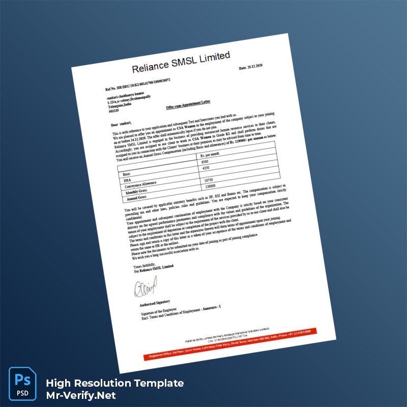 Editable India Reliance SMSL Limited Offer Letter Word and Pdf Template 5 page Editable India Reliance SMSL Limited Offer Letter Word and Pdf Template 5 page